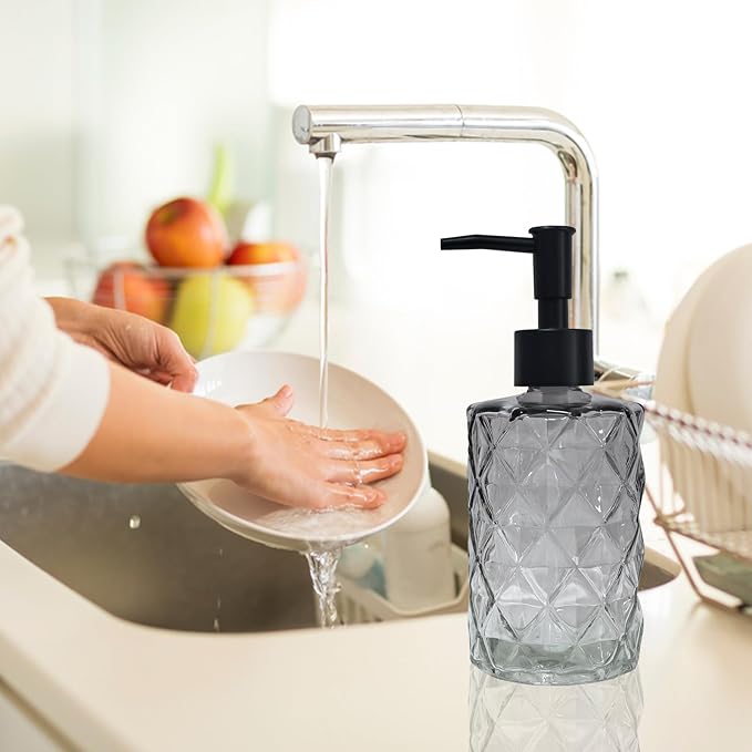 YYTSGG Crystal Glass Soap Dispenser, 12oz Gradient Grey Bathroom Hand Dispenser, Lotion Dispenser with Black Plastic Pump for Modern Home Decor, Kitchen Countertop, Hotel