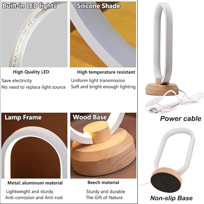 Bedside Table Lamps Bedroom Modern LED Oval Slim Nightstand Lamp,27cm Small Table Light,Warm White 3 Color temperatures,Dimmable Lights with Cable,for Home Adult Kids Living Room Lounge Deco