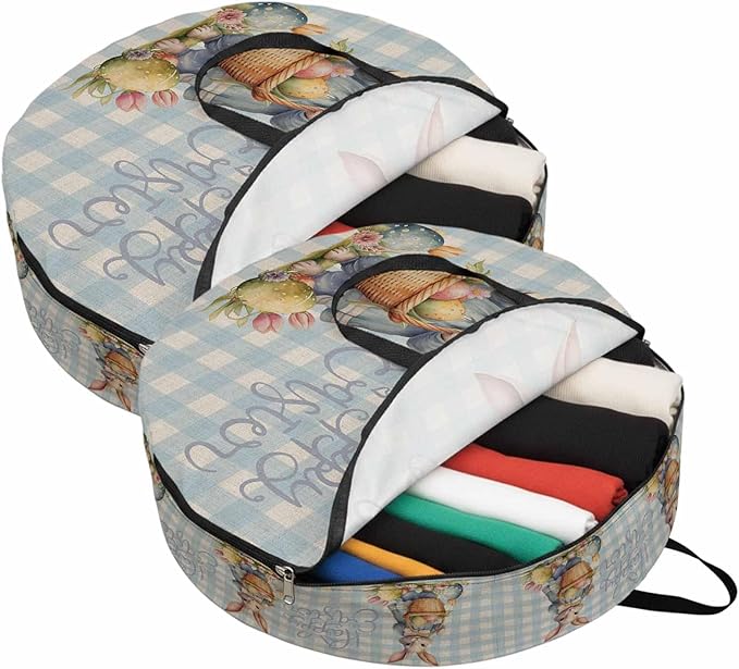 24 Inch Round Storage Bag 2 Pack,Happy Easter Rabbit Egg Basket Waterproof Wreath Storage Container with Handles&Zipper Flower on Blue Checker Closet Organizer Bags Garland Box