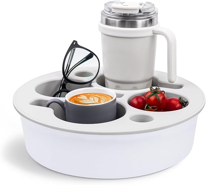 Couch Cup Holder Tray Round, 4-Cups Bedside Drink Holder for Elderly/Pregnancy, Stable Non-Spill Silicone Couch Caddy for Remote Control, Glasses‌, Snacks, Phones‌ (White)