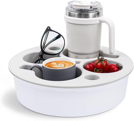 Couch Cup Holder Tray Round, 4-Cups Bedside Drink Holder for Elderly/Pregnancy, Stable Non-Spill Silicone Couch Caddy for Remote Control, Glasses‌, Snacks, Phones‌ (White)