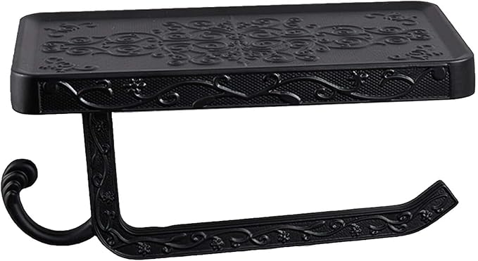 Vintage Carved Floral Toilet Paper Holder with Shelf - Matte Black Aluminum Bathroom Organizer, Wall Mounted Decorative Roll Holder for Bathroom/Vanity (7.24" Phone Shelf, Black Finish)