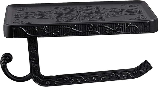 Vintage Carved Floral Toilet Paper Holder with Shelf - Matte Black Aluminum Bathroom Organizer, Wall Mounted Decorative Roll Holder for Bathroom/Vanity (7.24" Phone Shelf, Black Finish)
