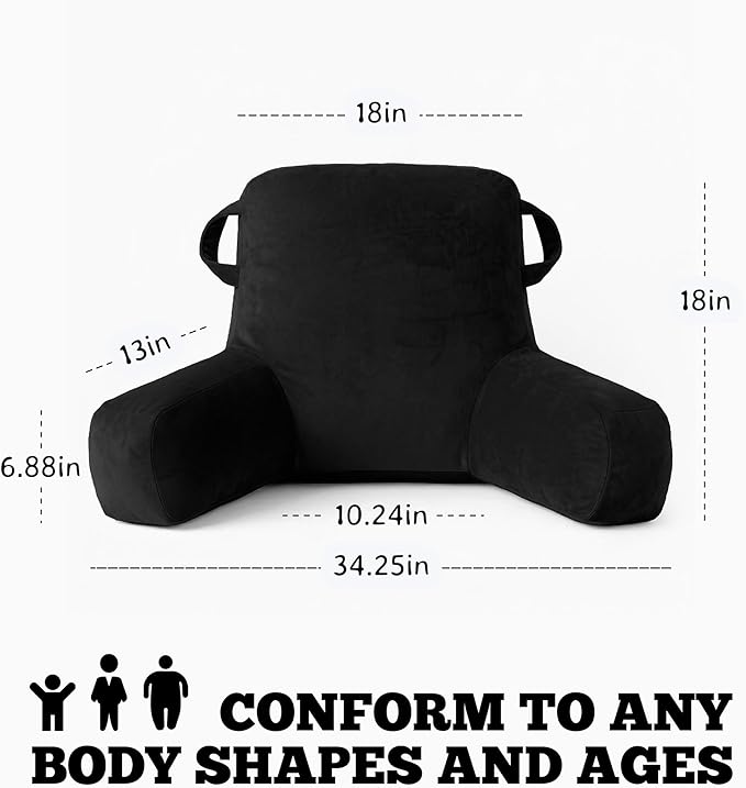 Unisakey Portable Comfy Reading Pillows for Bed Sitting Up(Black Oeko-Tex), Velvet Back Pillow with Arms & Pockets for Adults, Support Memory Foam Bed Pillow for Dorm/Reading/Watching/Gaming