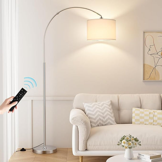 Ambimall Dimmable Arc Floor Lamp with Remote, Color Temperatures and Brightness Adjustable, Arched Floor Lamp with Rotating Head, Over Couch Arched Reading Light for Living Room (White and Silver)