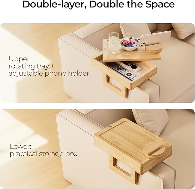 Wealone Mini Couch Arm Table for Narrow Armrest, Bamboo Sofa Arm Tray with Storage Box, Rotating Tabletop & Phone Stand, Adjustable Sofa Arm Table Clip for Snacks or Dining, Width of Armrest 1-7 Inch