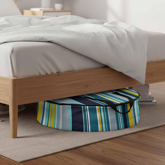Storage Bag Blue Stripes Round Storage Totes Bins Closet Organizers with Zippers & Handle Boho Style Lines Striped Clothes Storage Container for Bedroom Dorm Space Saving Packing Supplies Moving Bags