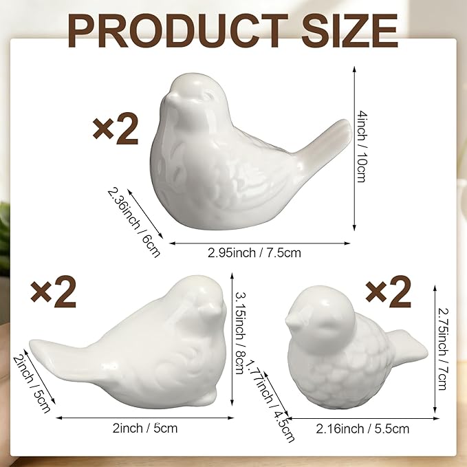 Remerry 6 Pcs White Ceramic Birds Figurines 3 Sizes Home Decor Trinkets for Shelf Decor Gift for Home Garden Statue Decorative Ceramic Chubby Bird Figure Ornaments Crafts Animal Model Gift Decoration