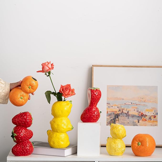 Cute Strawberry Figurine Decor Accent Piece, 7.8 inches Ceramic Strawberry Decor, Red Ceramic Bud Vase Dining Table Centerpieces for Home and Kitchen, Spring Summer Fruit Theme Vase