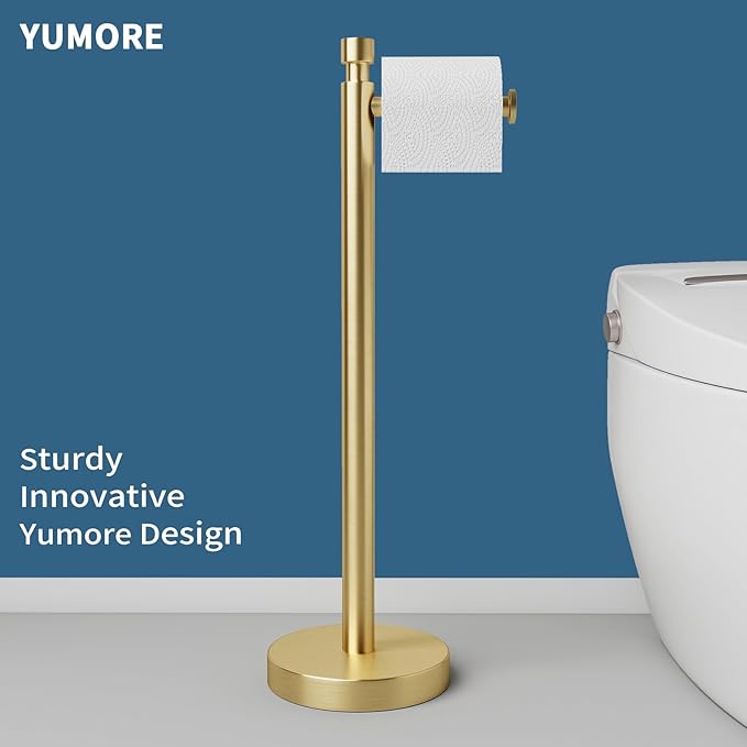 YUMORE Toilet Paper Holder Stand, 4.4lbs Heavy Duty Stainless Steel Free Standing Bathroom Tissue Roll Holder, Gold
