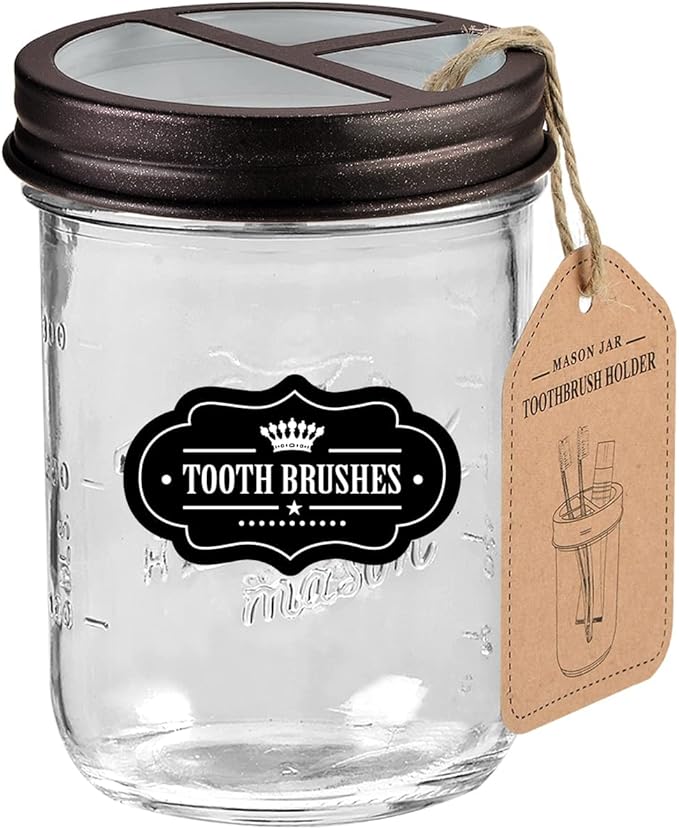 Mason Jar Toothbrush Holder -Bronze - with 16 Ounce Mason Jar,Premium Rustproof 304 Stainless Steel Lid and Chalkboard Labels - Rustic Farmhouse Decor Black Bathroom Accessories