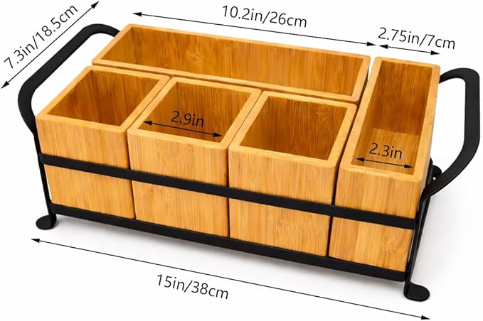 Bamboo Utensil Caddy with Handle - 5 Compartment Silverware Holder for Party & Kitchen Countertop - Removable Wooden Flatware Organizer for Picnic, BBQ, Buffet, RV & Outdoor Dining