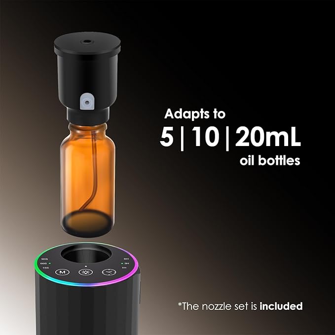 Waterless Essential Oil Diffuser, 7 Colors LED Light, Battery Powered Mini Scent Air Machine, Aromatherapy Mist Diffuser for Home Room Car Office，Black Aluminum Alloy (Black) (Black)