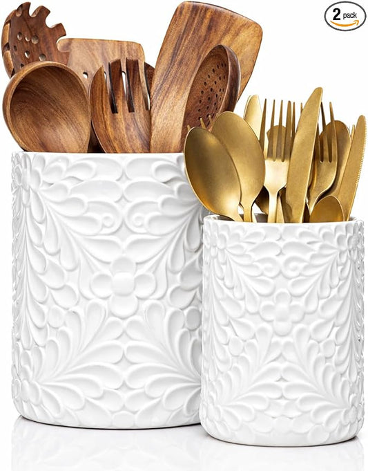 25DOL Large 7.3"+5.4" Engraved Ceramic Utensil Holder for Countertop, Cooking Utensils Organizer for Spatula, Large Utensils Crock for Kitchen Counter, Kitchen Decor, set of 2, White
