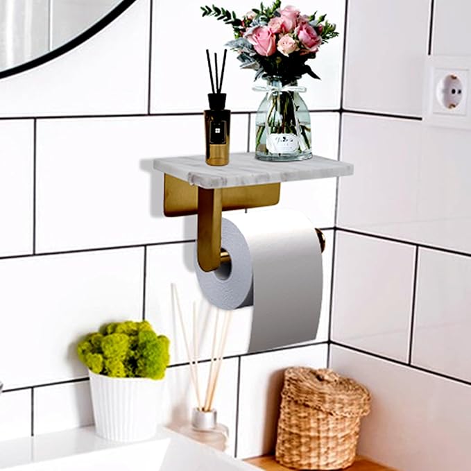 Toilet Paper Holder with Natural Marble Shelf for Bathroom Washroom,Wall Mounted Tissue Holder Suitable for Mega Roll (Brushed Gold, Small 6.7 * 4.3 in)
