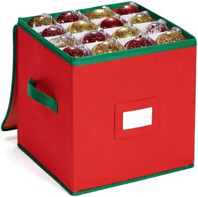 Christmas Ornament Organizer and Storage Box - Tear-Proof Non-Woven Container with 3-Inch Cube Compartments and Dual Zippers - Holds 64 Ornaments - Red
