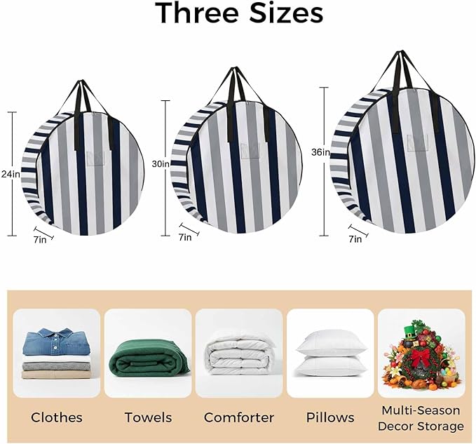 Storage Bag Navy Blue Gray Stripes Round Storage Totes Bins Closet Organizers with Zippers & Handle Contrast Striped Clothes Storage Container for Bedroom Dorm Space Saving Packing Supplies Bags