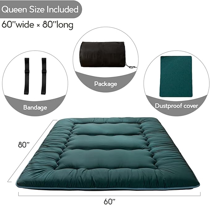MAXYOYO Japanese Floor Mattress Futon Mattress, Thicken Sleeping Pad Foldable Roll Up Floor Futon for Adults Tatami Mat Dormitory Lounger, Dark Green, Queen Size