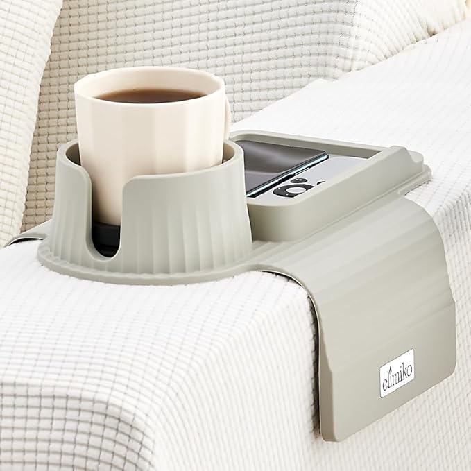 Couch Cup Holder Tray, Elimiko Silicone Sofa Drink Holder with Large Cup Holder and Tray, for Oversized Mugs/Long Remote/Snacks/Cellphone (Griege)