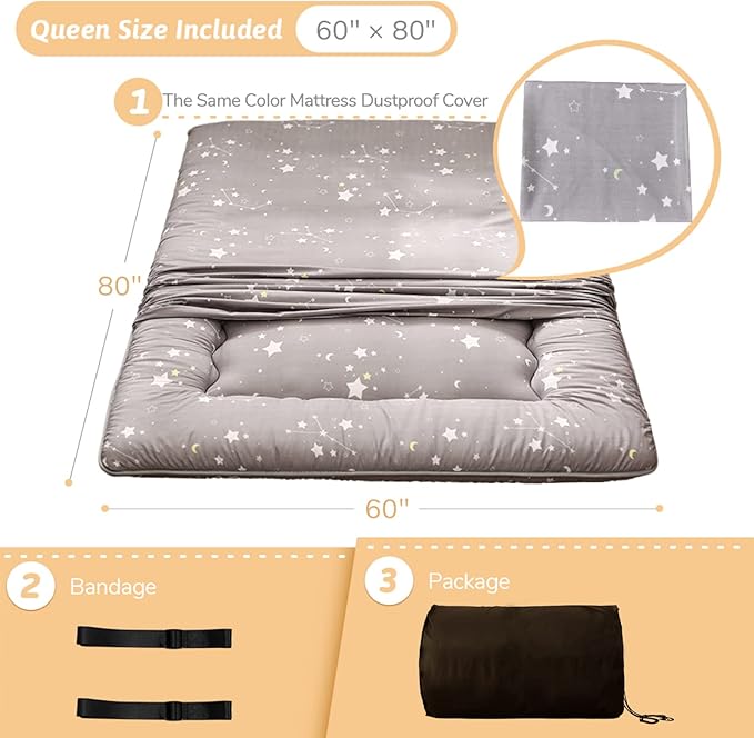 MAXYOYO Grey Constellation Japanese Floor Futon Mattress, Tatami Floor Mat Portable Camping Mattress Kids Sleeping Pad Foldable Roll Up Floor Lounger Couch with Mattress Protector Queen Size
