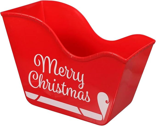 A1U Red Plastic Santa's Sleigh-Shaped Bins, Christmas Holiday Red Stackable Desk Storage Containers Organizer Holder Basket Caddy Gifts Favor Table Home Kitchen Versatile Reusable Decorations, 1 ct.