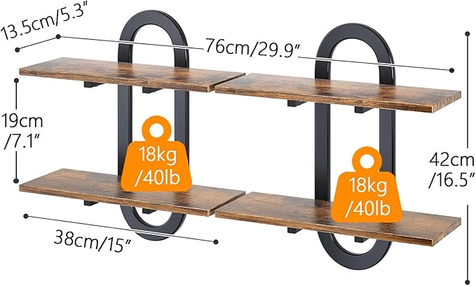 Arched Floating Shelves Set of 2, 15" Vintage Distressed Wall Mounted Shelves with Capsule Frame, Rustic Burnt Wood Hanging Shelves for Bathroom, Living Room, Kitchen, Brown