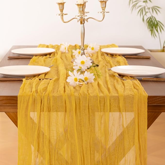 Socomi 2pcs Gold Yellow Easter Spring Cheesecloth Table Runner Boho Rustic Gauze 120 inch 10FT Cheese Cloth Runner for Wedding Party Baby Shower Birthday Home Decor Holiday Decorations