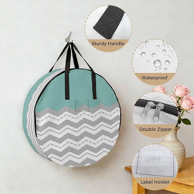 Storage Bag Turquoise Gray Waves Round Storage Totes Bins Closet Organizers with Zippers & Handle Chevron Stripe Clothes Storage Container for Bedroom Dorm Space Saving Packing Supplies Moving Bags