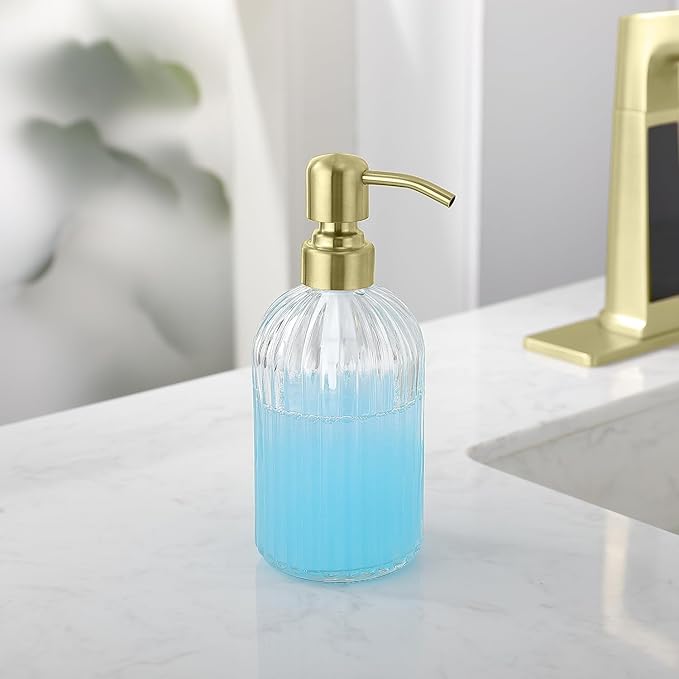 Gold Glass Soap Dispenser with Rust Proof Metal Pump, Vintage & Antique Design, 16oz Clear Glass Dish Soap Dispenser for Bathroom & Kitchen, 2 Packs
