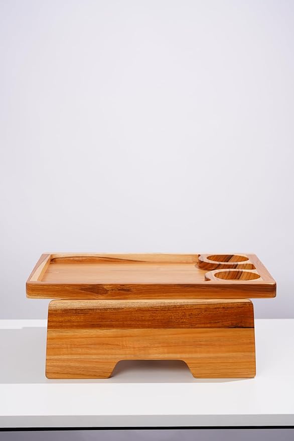 15.35" x 10.24" Teak Wood Couch Arm Tray, Sofa Armrest Table with Dual Cup Holders, Clip-on Tray for Wide Couch - Side Table for Eating & Drink, Snack, Phone, Remote