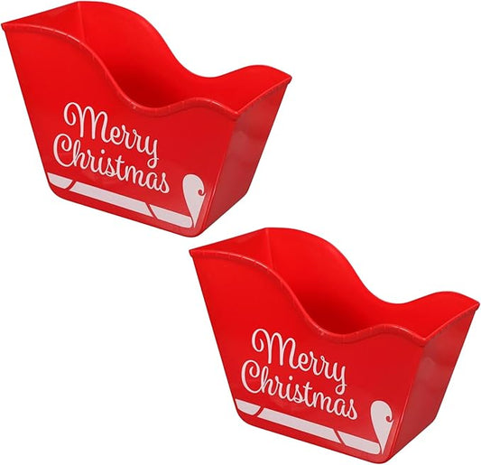 A1U Red Plastic Santa's Sleigh-Shaped Bins, Christmas Holiday Red Stackable Desk Storage Containers Organizer Holder Basket Caddy Gifts Favor Table Home Kitchen Versatile Reusable Decorations, 2 ct.