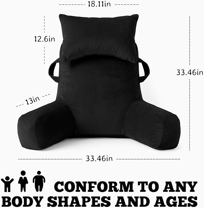 Unisakey Portable Reading Pillows with Headrest for Bed Sitting Up(Brown Oeko-Tex), Velvet Back Pillow with Arms & Pockets for Adults, Support Memory Foam Bed Pillow for Dorm/Reading/Watching/Gaming