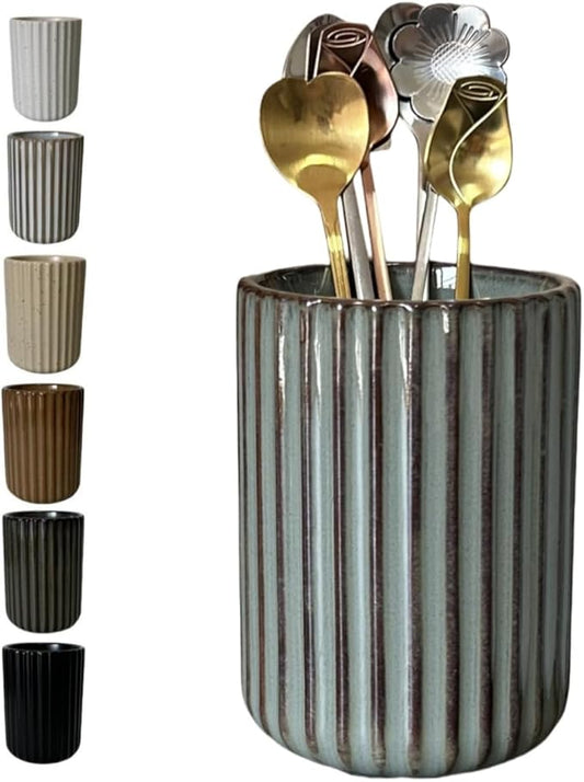 TOPYOKK Stoneware Coffee Bar Utensil Holder Tea & Coffee Spoon & Stirrer Holder for Stir Stick Straw Teaspoon Holder Spoon Cup Small Utensil Jar Fluted Vertical Stripe (Retro Grey)