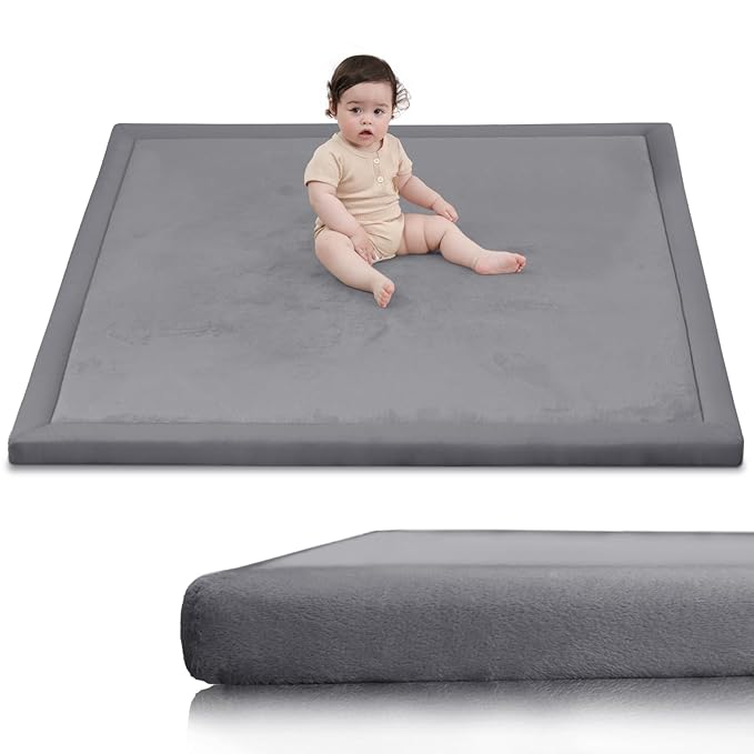 Huloo Sleep Ultra Soft Baby Play Mat for Floor,1.3" Thick Elasti-Foam 47x47 Play Mat for Playpen,Water-Repellent Coral Velvet for Tummy Time, Non-Slip Backing Safe for Toddlers & Infants(Dark Grey)