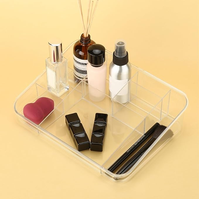 SUNFICON Makeup Tray Organizer Cosmetic Display Case Office Stationery Storage Holder Countertop Storage Unit Makeup Box for Bathroom Drawers,Vanities Office Desk,Washable Crystal Clear Acrylic