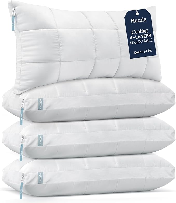 Nuzzle Pillows Queen Size Set of 4 Adjustable Pillows, Luxury Hotel Collection Bed Pillows – Best Adjust Height Soft Firm Pillows for Back, Stomach and Side Sleepers