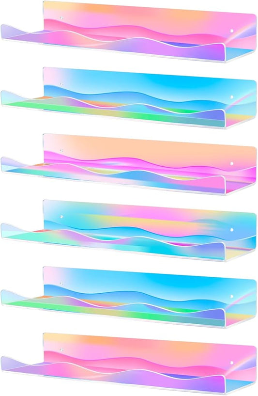 6 Pack Iridescent Acrylic Floating Shelves, 15.7" Clear Acrylic Display Shelves Bookshelf Wall Mounted, Bathroom Kids Room Home Storage Wall Decor Ledge Shelf for Skincare, Perfume, Nail Polish