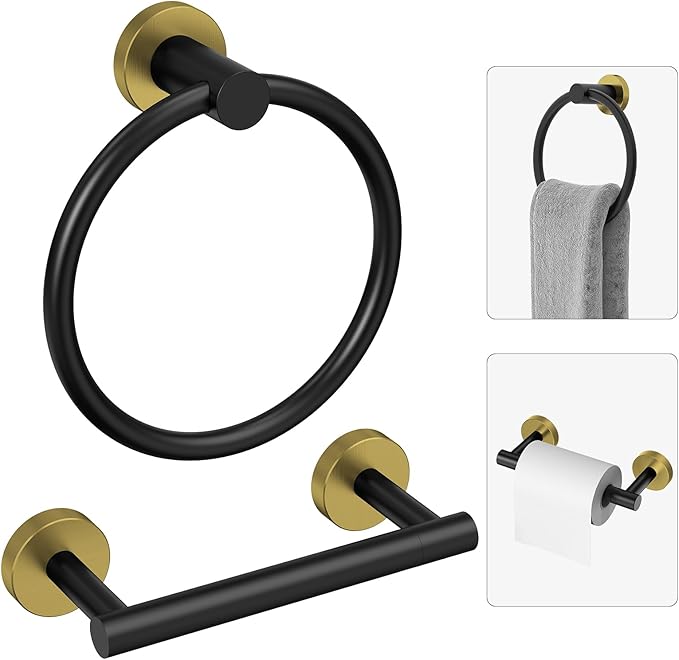 Black and Gold Toilet Paper Holder & Towel Holder, Bathroom Hardware Set-SUS304 Stainless Steel Double Post Pivoting Tissue Roll Holder and Hand Towel Ring Set for Bathroom, RV