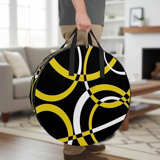 Storage Bag Yellow Black Geometric Circle Round Storage Totes Bins Closet Organizers with Zippers & Handle Modern Abstract Lines Clothes Storage Container for Bedroom Space Saving Packing Supplies