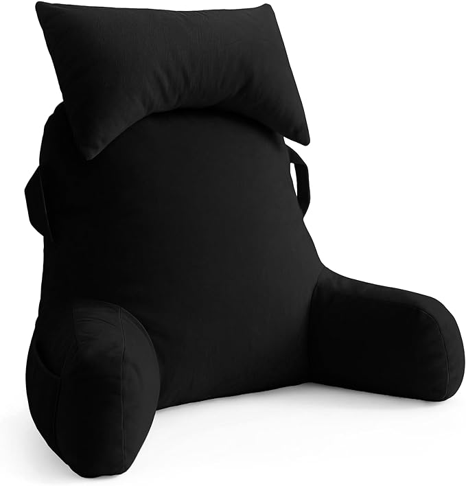 Unisakey Portable Reading Pillows with Headrest for Bed Sitting Up(Black Oeko-Tex), Velvet Back Pillow with Arms & Pockets for Adults, Support Memory Foam Bed Pillow for Dorm/Reading/Watching/Gaming