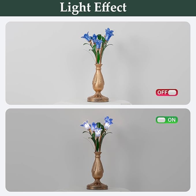 Skyblaze Classic Style Table Lamp with Flower Glass Shade, Elegant Flower Night Light, Art Deco Accent Table Lamp for Bedroom Living Room (Blue, 5 Lights)