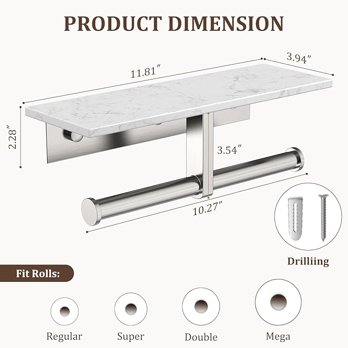 BWE Double Toilet Paper Holder with Shelf, Wall Mounted Tissue Roll Holder for Bathroom, Commercial Toilet Paper Dispenser, Marble Toilet Paper Storage Holder with Phone Shelf (Brushed Nickel)