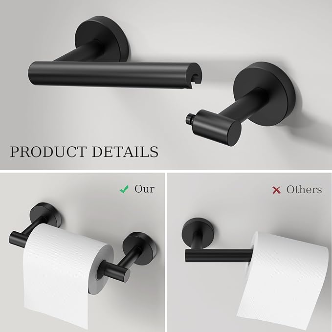 Matte Black Toilet Paper Holder Wall Mount & Towel Holder, Bathroom Hardware Set-SUS304 Stainless Steel Double Post Pivoting Tissue Roll Holder and Hand Towel Ring Set for Bathroom, RV