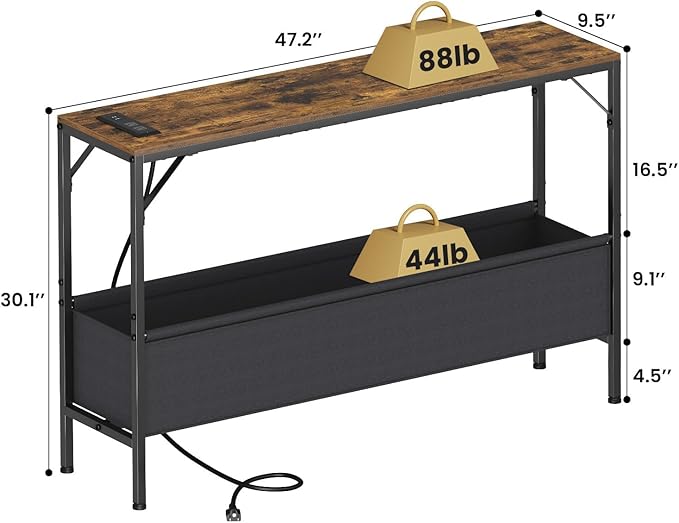 Asgolion Narrow Console Table, 47.2" Long Entryway Table with Storage & Power Outlets, Hallway Table, Mordern Industrial Sofa Tables for Living Room, Bedroom, Foyer, Office, Anti-tip Kit, Rustic Brown