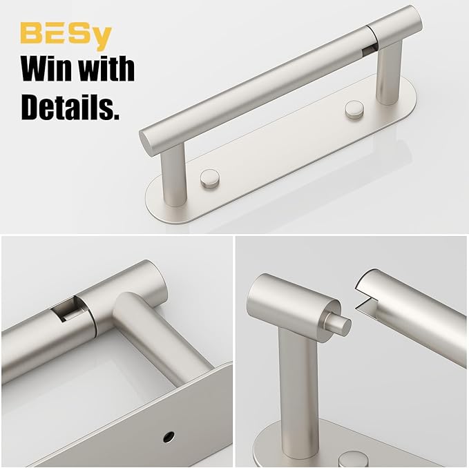 BESy Adhesive or Screw Toilet Paper Holder Wall Mount Rustproof Modern Roll Holder Flexible Pivoting Adjustable Tissue Handle with Self Adhesive or Mounted with Screws Stainless Steel Brushed Nickel