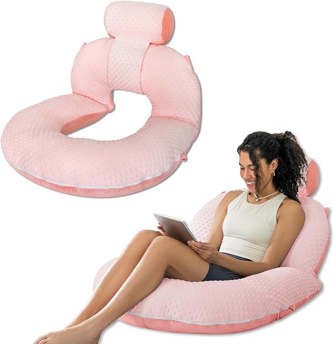 INSEN Reading Pillow, Back Pillow for Sitting in Bed for Reading, Nurse & Relax, Reading Pillow for Adults, Moms & Kids, Sit Up Pillow for Bed, Double-Sided Pink