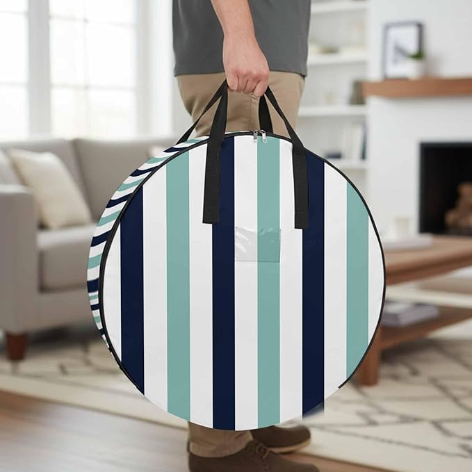 Storage Bag Navy Blue Teal Stripes Round Storage Totes Bins Closet Organizers with Zippers & Handle Contrast Striped Clothes Storage Container for Bedroom Dorm Space Saving Packing Supplies Bags