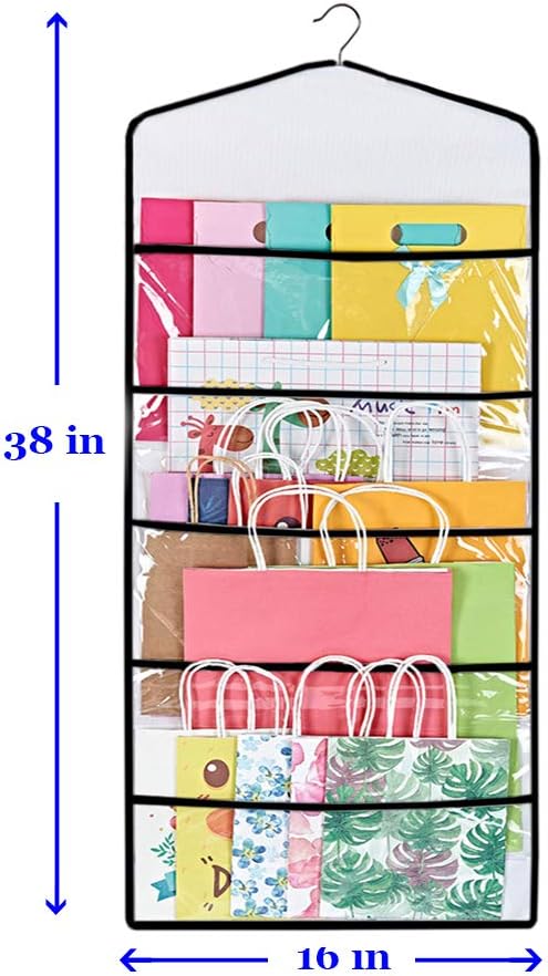 ProPik Hanging Double Sided Gift Bag Storage Organizer with Multiple Front and Back Pockets Organize Your Gift Wrap, Tissue Paper, and Paper Bags 38 x 16 Inch PVC (Black)