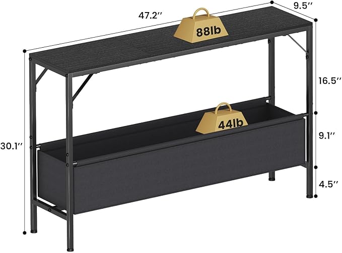 Asgolion Narrow Console Table, 47.2" Long Entryway Table with Storage Basket, Hallway Table, Mordern Industrial Sofa Tables for Living Room, Bedroom, Foyer, Office, Anti-tip Kit, Black