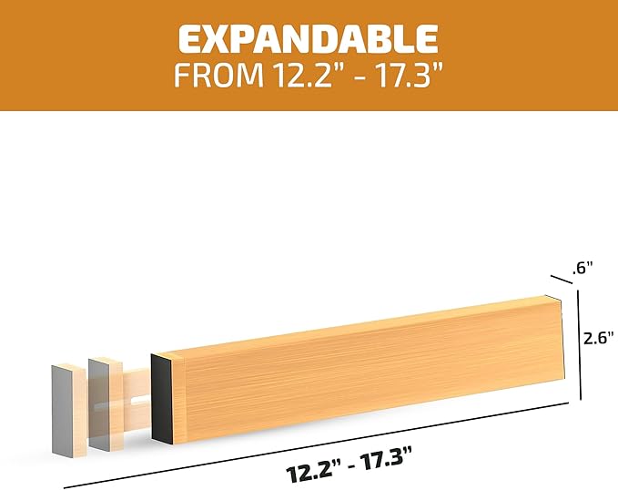 4-Pack Bamboo Drawer Dividers - Fits Drawers 12.2 to 17.3 Inches Deep, 2.6 Inch High, 0.6 Inch Thick, Expandable Drawer Organizers Separators for Clothes, Dresser, Bedroom, Kitchen, Bathroom, Office